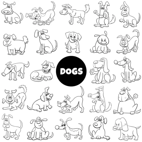 Siyah Beyaz Köpek Yavru Köpek Çizimleri Hayvan Karakterleri Büyük Set — Stok Vektör