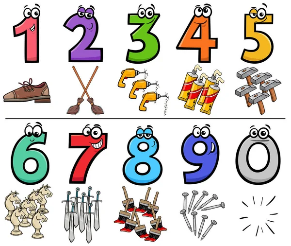 Cartoon Illustration Educational Numbers Set One Nine Objects — Stock Vector
