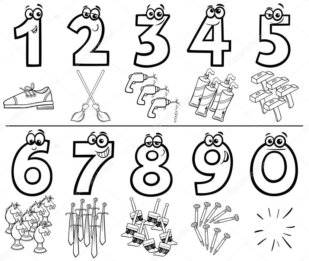 Black and White Cartoon Illustration of Educational Numbers Set from One to Nine with Objects Coloring Book Page