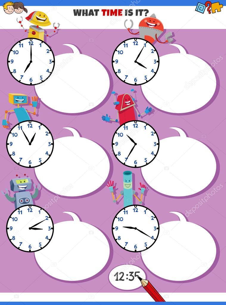 Cartoon Illustrations of Telling Time Educational Activity with Clock Face and Happy Robots Fantasy Characters