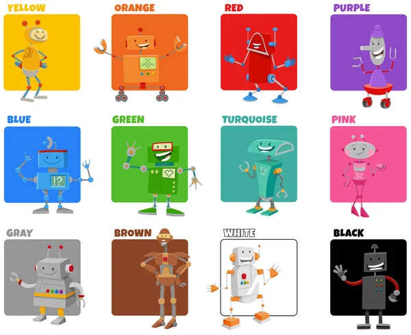 Cartoon Illustration Basic Colors Funny Robots Fantasy Characters Educational Set — Stock Vector