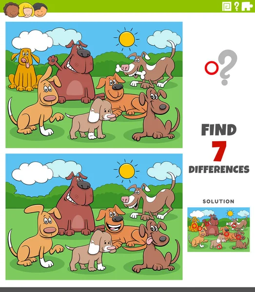犬と子犬のグループの子供のための教育タスクの写真の違いを見つけるの漫画イラスト — ストックベクタ