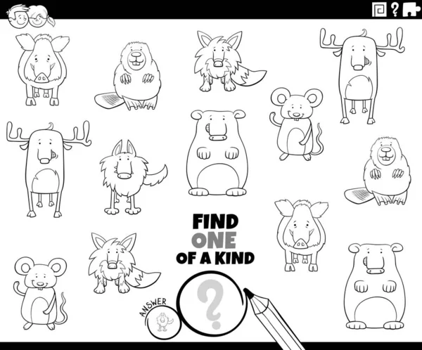 Black White Cartoon Illustration Find One Kind Picture Educational Game — 스톡 벡터