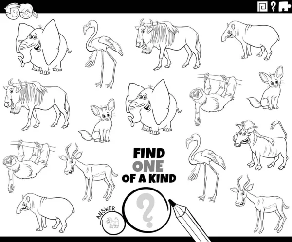 漫画野生動物のキャラクターと一種の絵教育ゲームの1つを見つけるの黒と白の漫画のイラストぬりえブックページ — ストックベクタ