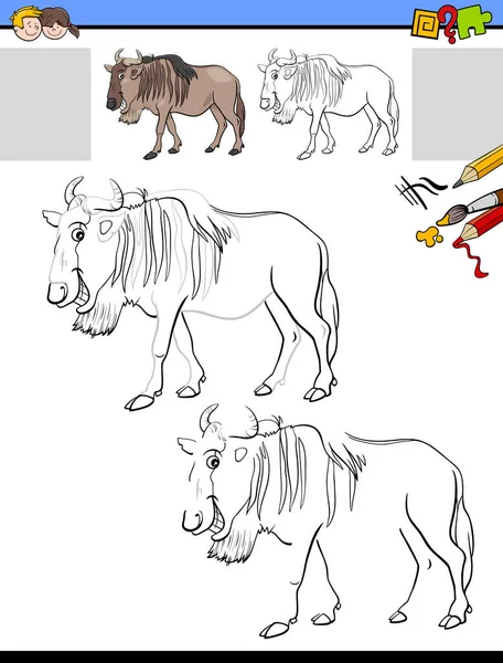 Ilustracja Kreskówek Rysunek Kolorowanie Działalność Edukacyjna Dla Dzieci Zabawnym Wildebeest — Wektor stockowy