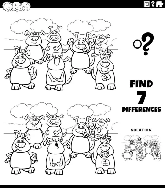 用黑白卡通图解寻找漫画教育任务之间的差异 漫画书页的漫画狗群儿童 — 图库矢量图片