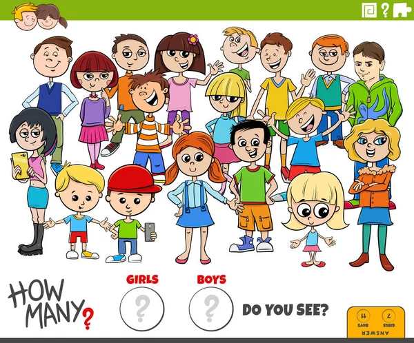 Ilustrace Vzdělávacího Počítání Hry Pro Děti Kreslenými Dívkami Chlapci Charakteristika — Stockový vektor