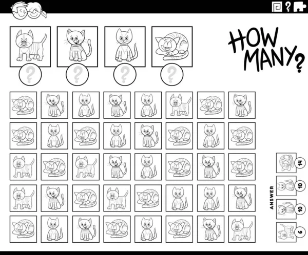 儿童卡通猫或猫的教育计数游戏黑白图解 彩色图书页 — 图库矢量图片
