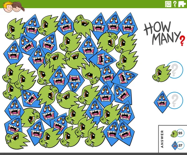 Illustration Pedagogiska Räkna Spel För Barn Med Roliga Monster Tecken — Stock vektor