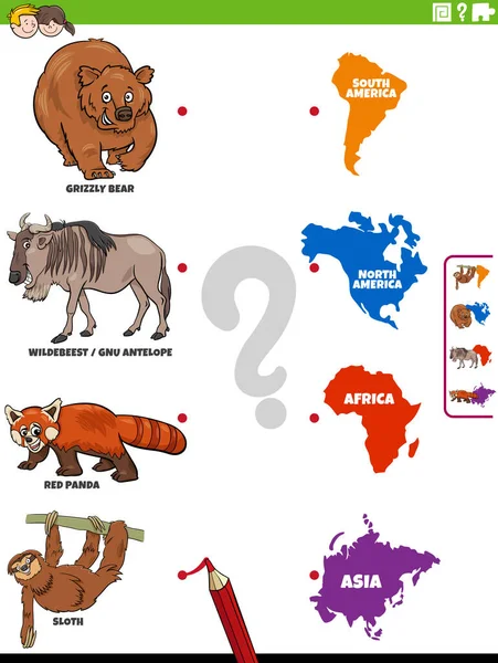 Cartoon Illustration Educational Matching Task Children Animal Species Characters Continent — Stockový vektor