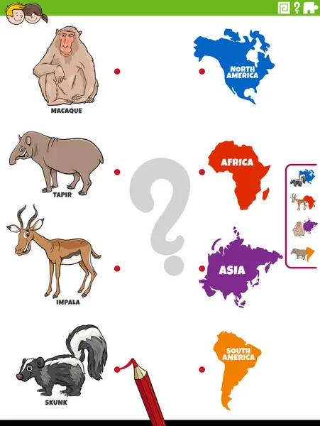動物のキャラクターと大陸の形状を持つ子供のための教育マッチングゲームの漫画イラスト — ストックベクタ
