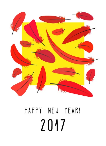 Diseño tarjeta de Año Nuevo con plumas rojas y cuadrado amarillo. Composición de color brillante. Ilustración vectorial — Archivo Imágenes Vectoriales