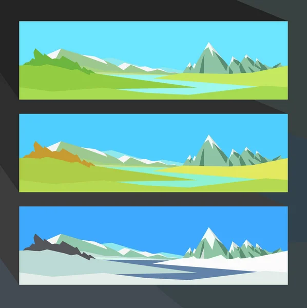 Sunny day in the valley of a mountain river in different seasons. Vector illustration. — Stock Vector