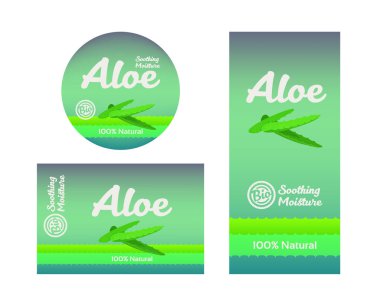 Kozmetik için aloe vera ile farklı şekillerde etiketler. Hassas, parlak, aydınlık, basit ve eğlenceli tasarım. Aloe paket bilgi elemanlarıyla gider