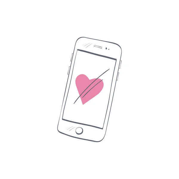Ręka ciągnione smartphone rezygnować prosty doodle serca — Wektor stockowy