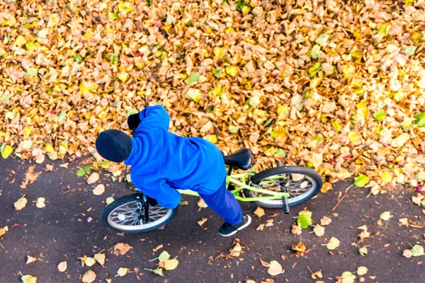 Overhead photo of a boy rides a bicycle in autumn park — Stock Photo, Image