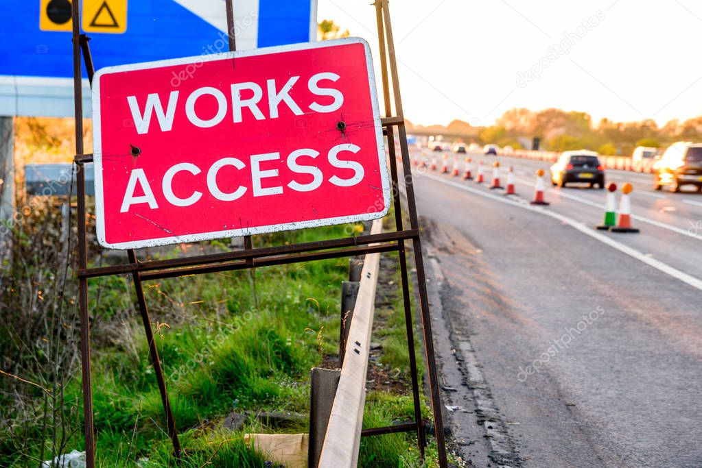 Works Access Only Sign on UK Motorway Evening