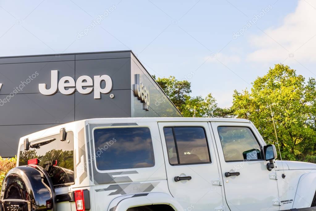 Northampton UK October 3, 2017: Jeep logo sign stand Northampton industrial estate.