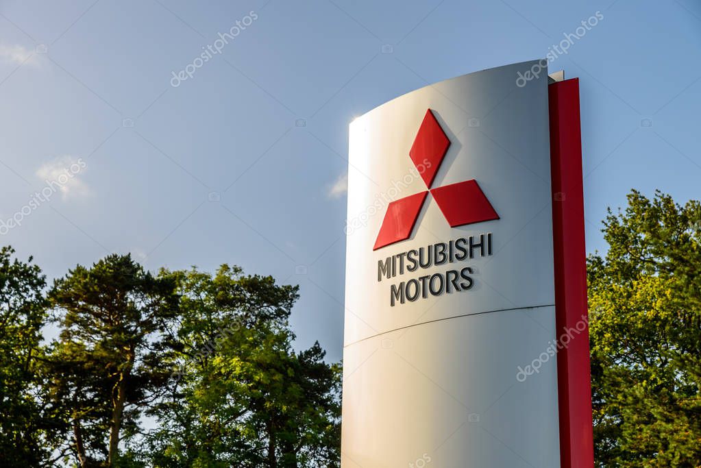 Northampton UK October 3, 2017: Mitsubishi Motors logo sign stand Northampton industrial estate.