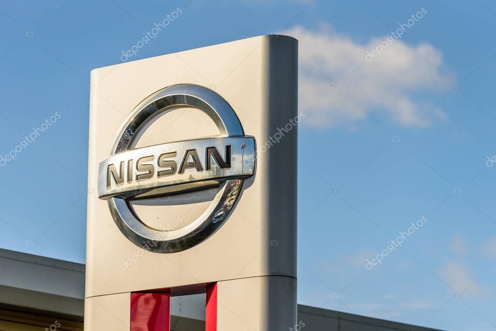 Northampton, UK - Oct 25, 2017: Day view of Nissan logo at Riverside Retail Park.