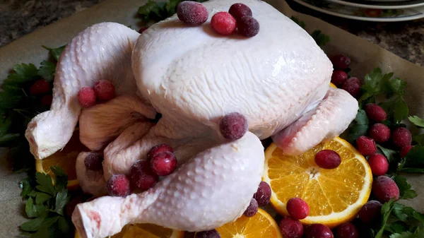 Vista de perto de frango cru inteiro com salsa fresca Cranberries e fatias de laranja na assadeira lata preparada para assar no forno — Fotografia de Stock