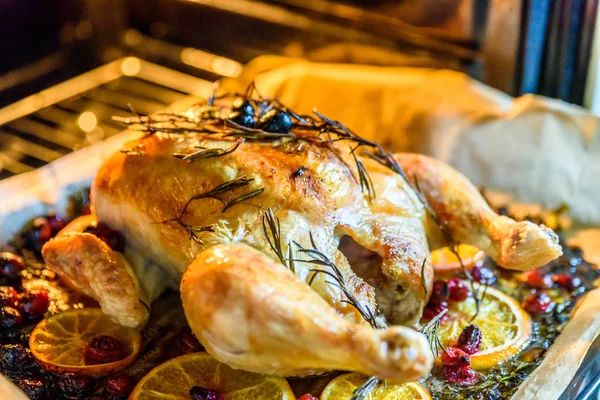 Peru de frango assado apetitoso com fatias de laranja Cranberries e ervas no forno — Fotografia de Stock