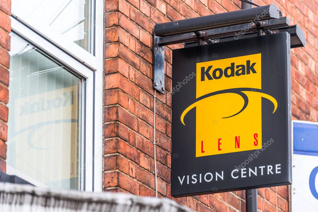 Northampton UK January 06 2018: Kodak Lens Vision Centre logo sign post.