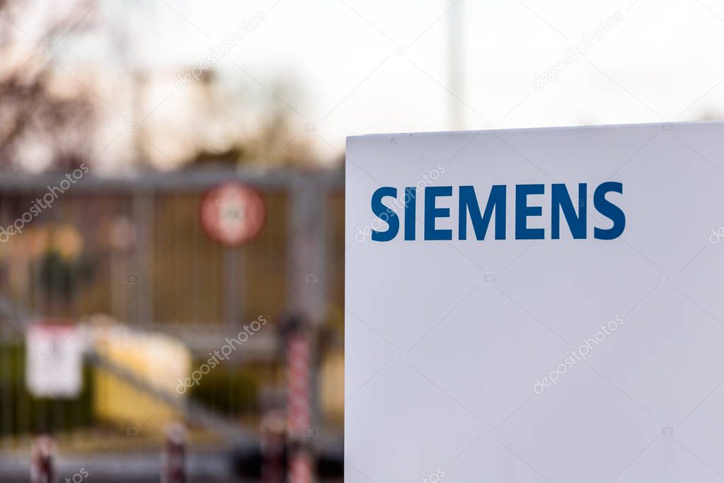 Northampton UK January 06 2018: Siemens logo sign post.