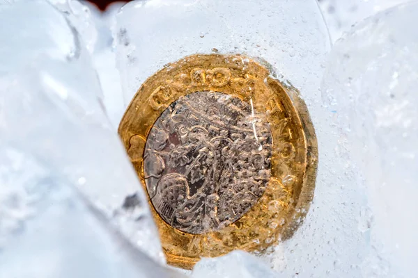 Zmrazené nové britské jedna libra šterlinků mince až zavřete makro uvnitř kostky ledu — Stock fotografie