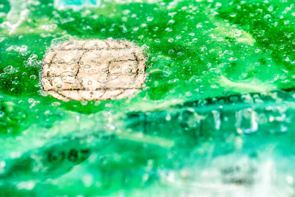 Closeup view ice frozen credit debit card