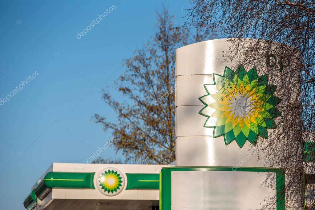 Northampton, UK - Feb 25, 2018: Day view of British Petroleum BP logo in town center.