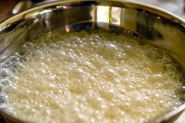 Pancake crepe mix inside metal bowl closeup — Stock Photo, Image