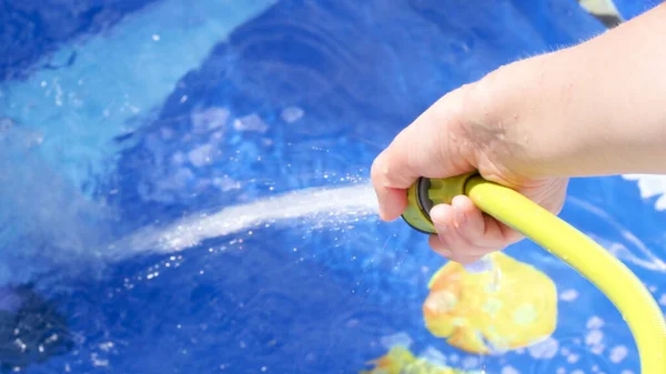 Filling Inflatable Pool Water Hose Garden — Stock Photo, Image