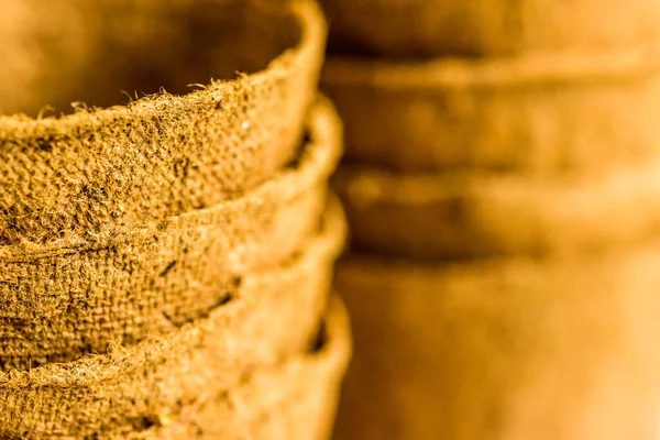 Biodegradable seed pots stacked next to window ready for new season gardening — Stock Photo, Image