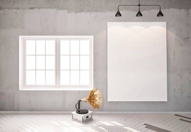 3D çizim. boş oda çatı katında. Tuval mockup