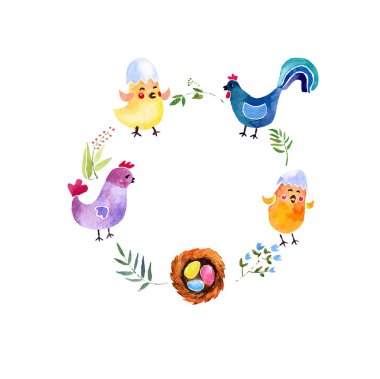  vektör. dal, yuva, kek ve kuşlar suluboya çerçeve