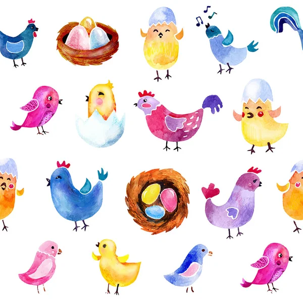 Drawing spring seamless set. birds, chicken and eggs — Stock Vector