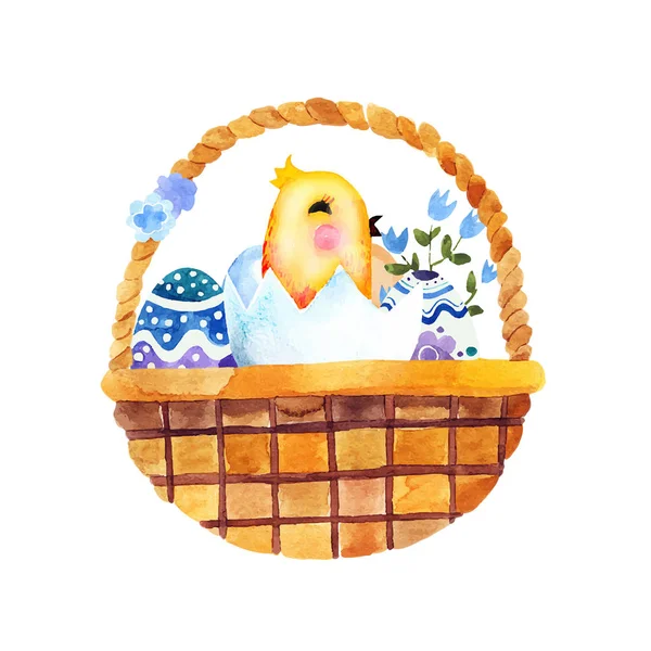 Vector. watercolor basket of Easter eggs — Stock Vector