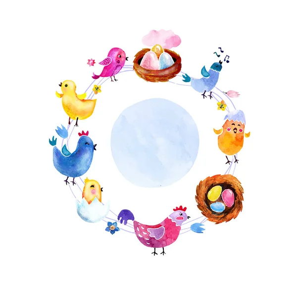 Vektor. akvarelu rám větvičky, hnízda, koláče a ptáků — Stockový vektor