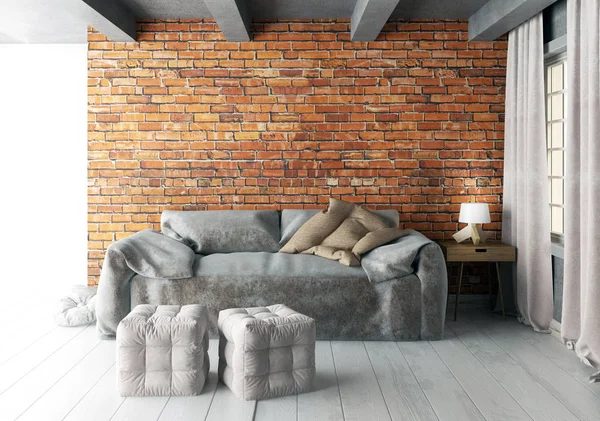 Mock up parede no interior com sofá. sala de estar estilo hipster . — Fotografia de Stock
