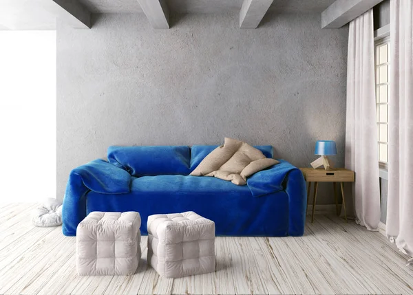 Mock up wall in interior with  sofa. living room hipster style. — Stock Photo, Image