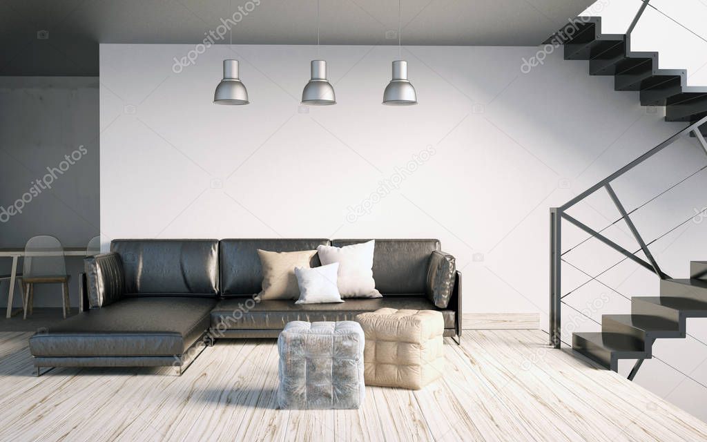 Mock up wall in interior with stairs and sofa. living room hipst