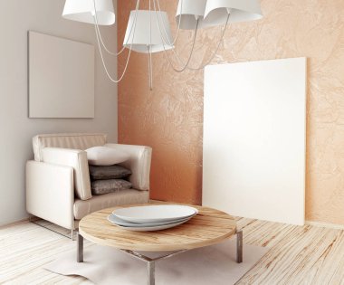 3D Resim, çerçeve, poster ve sandalye ile modern iç. 