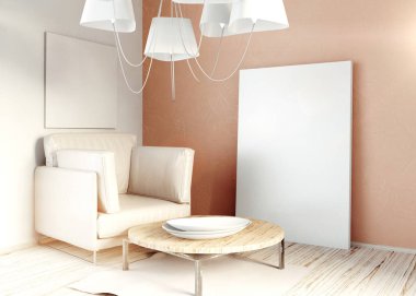 3D Resim, çerçeve, poster ve sandalye ile modern iç. 