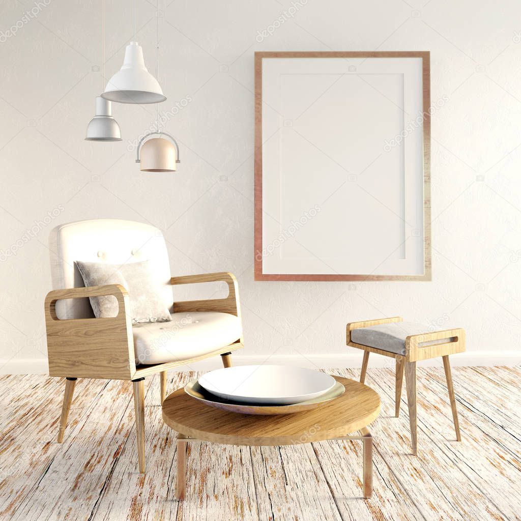3d illustration, modern interior with frame, poster and chair. 