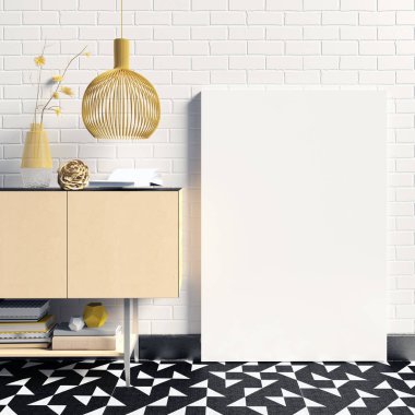3D çizim, dolap, poster ve lamba ile modern iç.