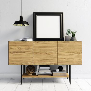 3D çizim, dolap, poster ve lamba ile modern iç.