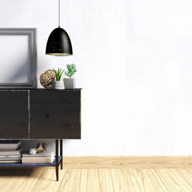 3D çizim, dolap, poster ve lamba ile modern iç.