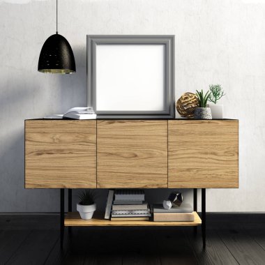 3D çizim, dolap, poster ve lamba ile modern iç.