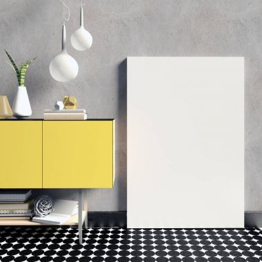 3D çizim, dolap, poster ve lamba ile modern iç.